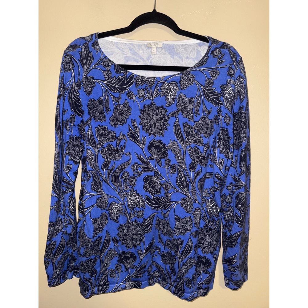 Talbots Womens XL Blue Floral Cotton Long Sleeve Scoop Neck Pullover lagenlook